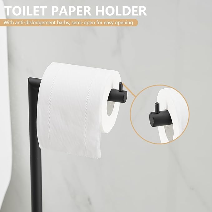 Toilet Paper Holder Stand for Floor Matte Black Adjustable (14.6" to 25.7") Bathroom Freestanding Toilet Paper Roll Holder Stainless Steel Toilet Tissue Holder with Heavy Weighted Base