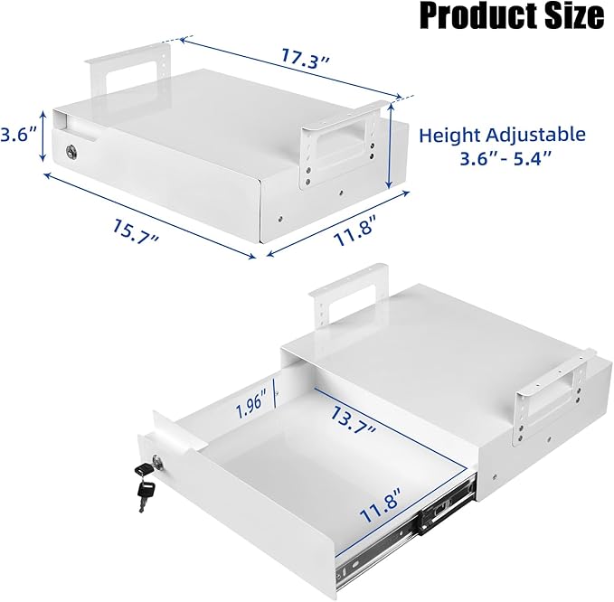 Under Desk Drawer Organizer Lockable, Metal Undermount Table Drawer Upgrade with Adjustable Brackets, Sliding Pull-Out Storage 17.3"x11.8"x5.4", White