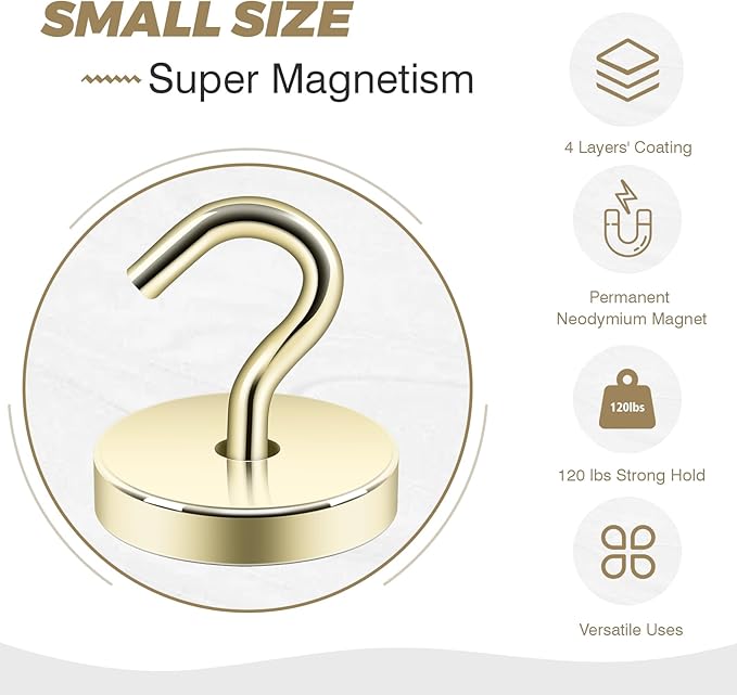 Neosmuk Magnetic Hooks, Cruise Ship Essentials, 120lb+ Heavy Duty Magnetic Hooks for Cruise Cabins, Refrigerator, Grill, Hanging, and Travel | Extra Strong Must-Haves Magnet Hook,Gold