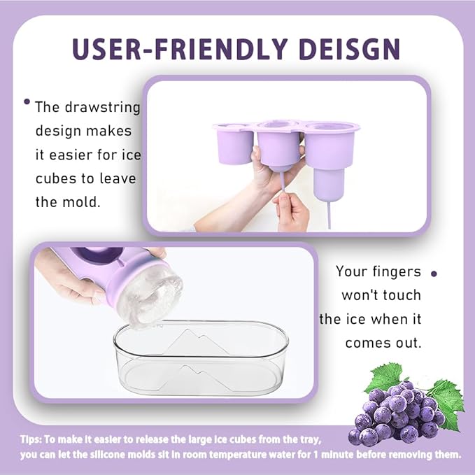 Ice Mold for Stanley Cup 30/40 Oz - Easy Fill and Release Without Touching Ice, Silicone Ice Cube Tray with Clear Lid and Bin for Freezer, Whiskey, Cocktail (Purple)