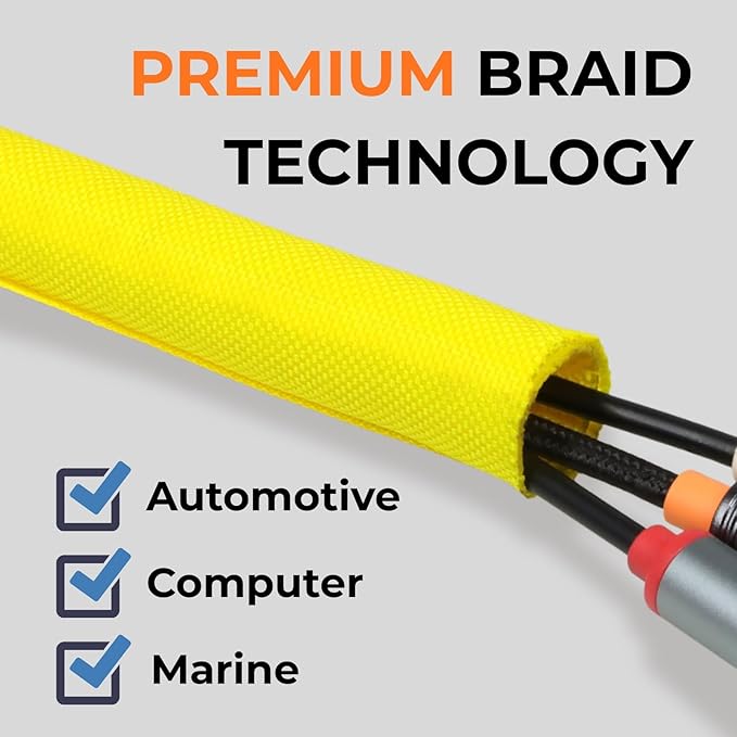 3/4 inch Split Braided Cable Management Sleeve for USB Cable Power Cord Audio Video Cable, Wire Loom Cord Protector from Cat Dog Chewing (Yellow, 25FT)