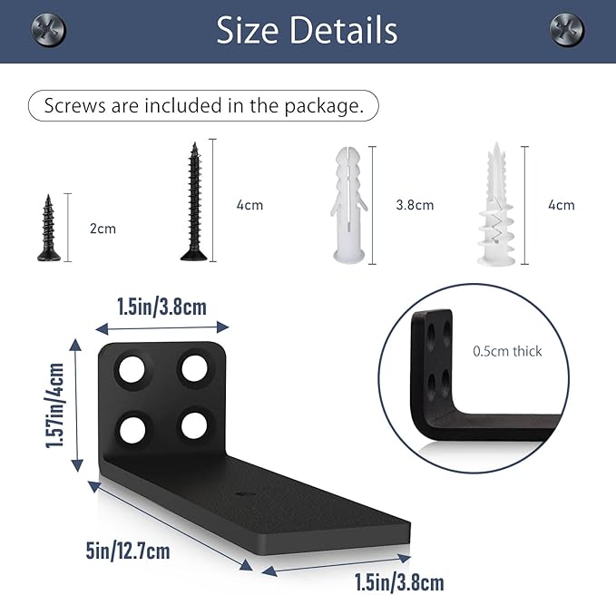 MLOQI 6 Pack Floating Shelves Brackets, L Brackets for Shelves, Brackets for Wood Shelves, 5mm Thick Hidden Shelf Brackets Up to 50KG Capacity (5 Inch)