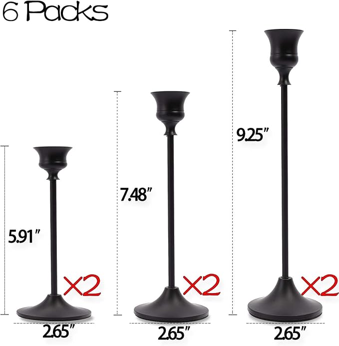 Matte Black Taper Candle Holder Set of 6, Tall Candlestick Holders, Metal Vintage Candle Stickers Long Holder Set, Pillar Decorative Candle Holder Fits 3/4 Inch Candle for Wedding, Dinner, Party…