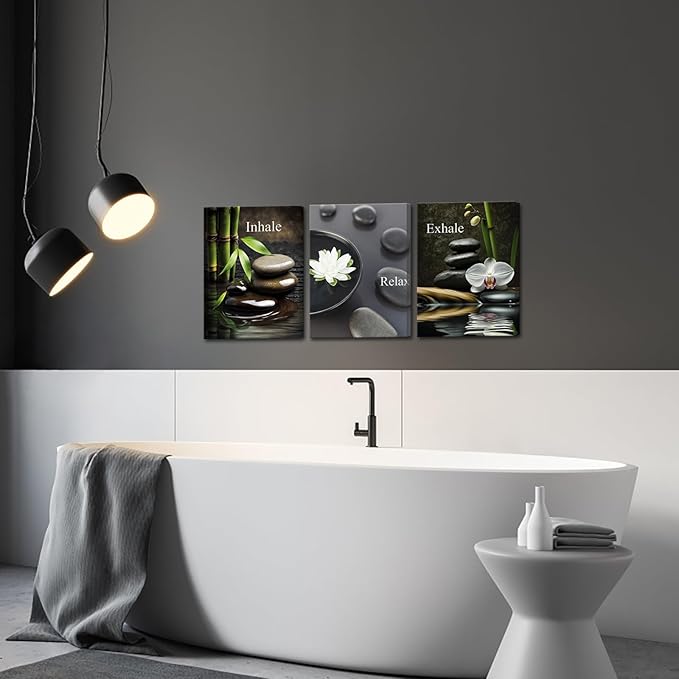 FuShvre Zen Wall Art for Bathroom Zen Stone Bamboo Lotus Orchid Flower Pictures Still Life Prints for Zen Meditation Room Wall Decor Framed 12x16 inch each piece (small)