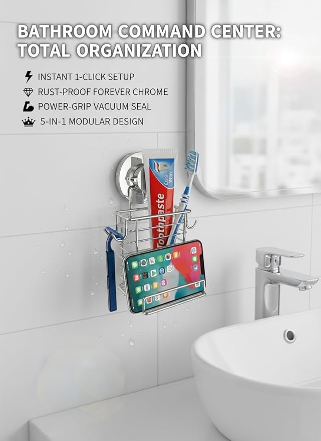 Toothbrush Holder Suction Cup Wall Mounted Toothpaste and Toothbrushes Holder Shelf for Soap Dish or Phone Powerful Vacuum System Rustproof Stainless Steel Organizer Electric Toothbrush (Silver)