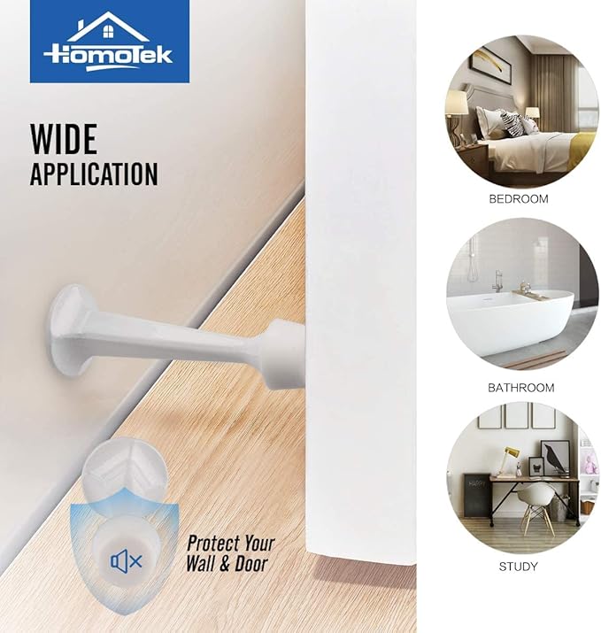 HOMOTEK 4 Pack Heavy Duty Solid Rigid Door Stop with Soft Rubber Tip, Zinc Die Cast Door Stopper Protect Wall & Door, White