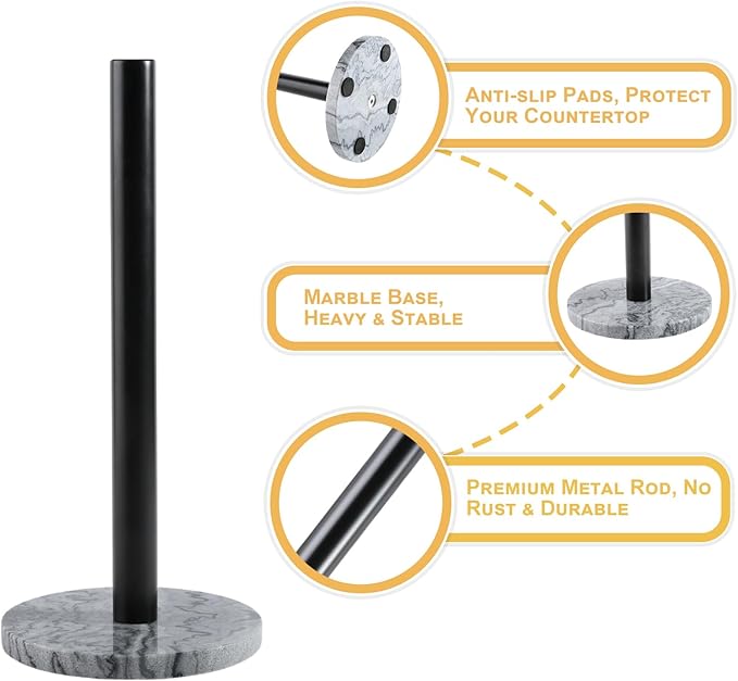 Koville African Marble Base Paper Towel Holder Countertop, Metal Rod 6" Marble Base Paper Towel Holder Stand for Kitchen Organization and Storage, Fit for Standard Size Rolls
