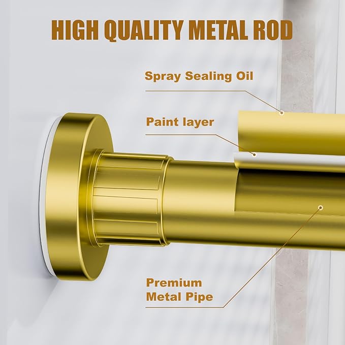 Ausemku Shower Curtain Rod 32-94 Inch Adjustable - 1 Inch Diameter Heavy Duty No Drill Spring Tension Shower Rod, Non-Slip Rustproof Telescopic Rod for Bathroom, Gold
