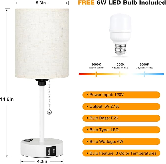 Small Bedside Lamp for Bedroom Nightstand - 3000K 4000K 5000K Bedside Lamps with USB C and A Ports, Pull Chain Table Lamps with AC Outlet, Nightstand Lamps with White Metal Base for Kids Reading