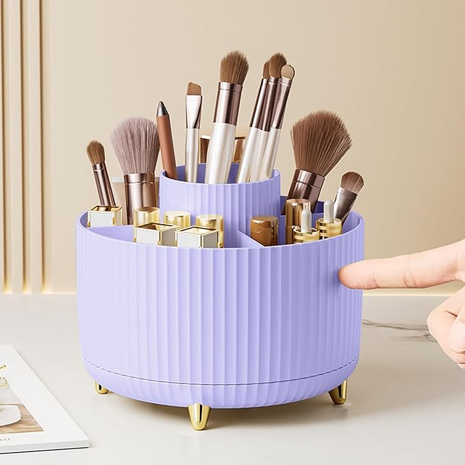 Diesisa Makeup Brush Holder Organizer, 360° Rotating Makeup Brush Organizer, 5 Slot Makeup Brushes Cup for Cosmetics, Nail Polish, Art Supply, Bathroom Vanity Desktop Organizer - Purple