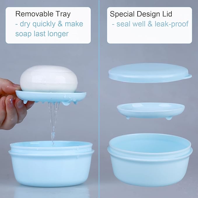 Plastic Travel Soap Container, 2Pcs Portable Soap case for Shampoo Bar Round Soap Holder with Leak-Proof Lid for Bathroom Shower Gym (Blue)