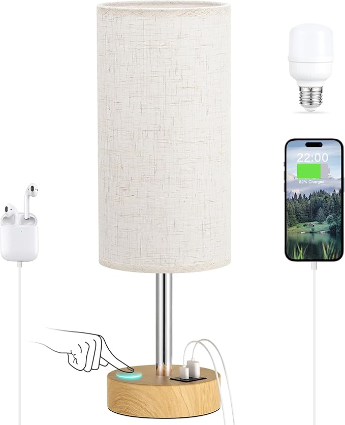Touch Bedside Table Lamp with USB - 3 Way Dimmable Wood Lamp for Bedroom Nightstand, Desk Lamp with Charging Station for Dorm, Living Room, Office, Kids Room, Small, 14in