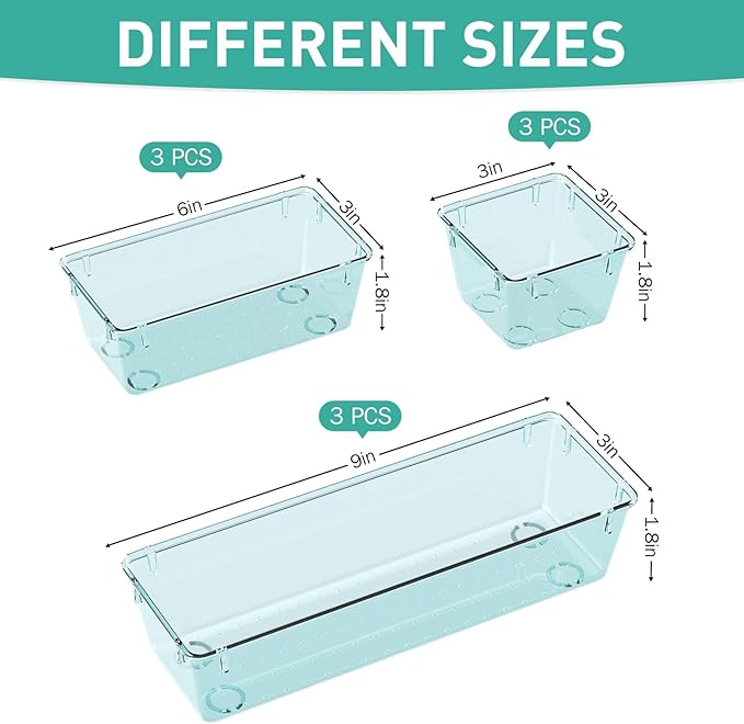 WOWBOX 9 Pack Clear Drawer Organizer Set, Acrylic Drawer Storage Trays, Storage Bins for Makeup, Cosmetics, Jewelry, Utensils, Gadgets, Office, Sea Blue