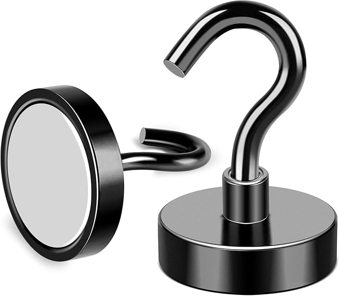 MIKEDE Magnetic Hooks, 50LB+ Heavy Duty Magnet Hooks for Cruise Cabins, Super Neodymium Hanging Hooks Black Strong Magnets with Hook for Fridge, Magnetic Hanger for Grill, Toolbox - Pack of 4