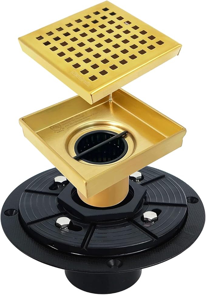 Neodrain 4 in Brushed Gold Square Shower Drain with Removable Quadrato Pattern Grate, PVC Shower Drain Base and Rubber Gasket, Golden 4" Shower Drainage,CUPC Certified, Hair Strainer