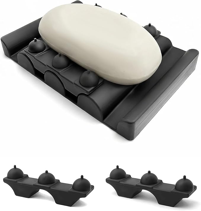 Soap Dish for Shower, Bathroom & Kitchen – Non-Slip, Self-Draining Design to Keep Soap Dry, Extend Soap Life – Easy to Clean, Compact & Durable (Black (Medium, 1 pcs)