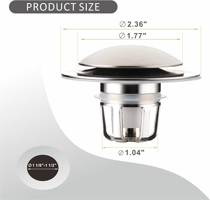 Brushed Nickel Bathroom Sink Stopper Replacement, Wellup Universal 2-in-1 Bathroom Sink Drain Stopper for 1 1/8"-1 1/2" Sink Drain Hole, Pop Up Sink Stopper Strainer with Hair Catcher