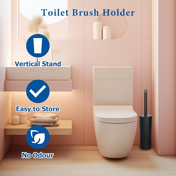 Topsky Toilet Brush,2 Pack Compact Toilet Brush & Holder Set,Plastic Round Barrel Loo Brush with 2 Replacement Toilet Brush Head,Durable for Bathroom Toilet,Black
