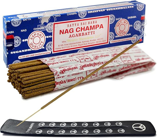 TRUMIRI Incense Stick Holder Bundle with Satya Sai Baba Nagchampa 100g Incense Sticks - Pack of 1 (Approx 100 Sticks)
