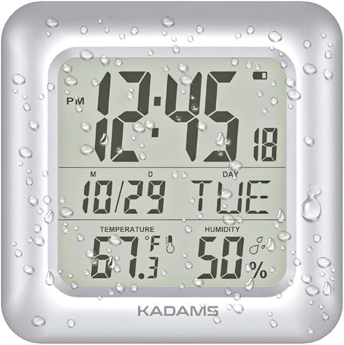 KADAMS Bathroom Clock 9.5" Kitchen Wall Clock with Large LCD Screen – Shower Clock with Suction Cup,Temperature, Humidity, Calendar – Water-Resistant, 4 Mounting Options, Silver