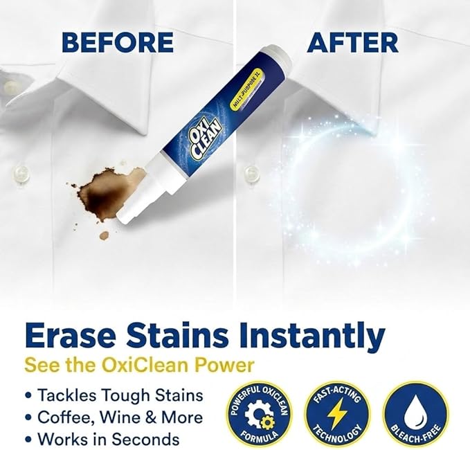 OxiClean On The Go Stain Remover Pen, 0.74 Fl Oz – Instant Travel Stain Cleaner for Clothes, Food, Wine, Coffee, Makeup, Portable & Easy Use