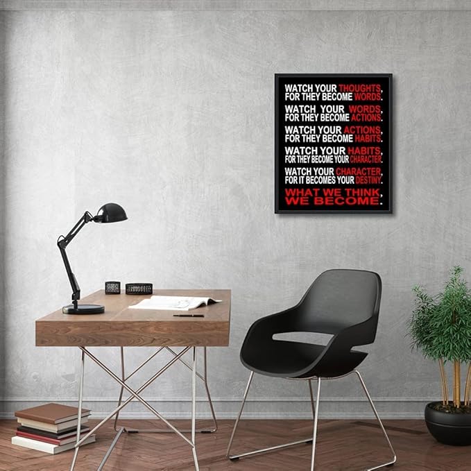 Pyradecor Black Framed Canvas Wall Art Watch Your Thoughts Motivational Classroom Poster Canvas Prints for Office Living Room Home Decorations