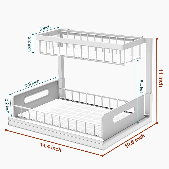 bukfen Under Sink Organizer, Pull Out Home Organizers 2-Tier Slide Out Sliding Shelf Under Cabinet Storage Multi-Use for Under Kitchen Bathroom Sink Organizers and Storage,White,2 Pack