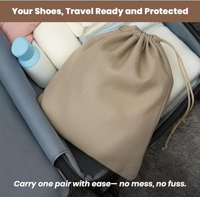 LFH Cotton Rich Shoe Storage Bags with Drawstring, Dustproof Breathable Reusable Organizer, Perfect For Travel, Dorm, Hotel, College, Gym, Easy to Carry, Machine Washable 8"x17" (Pack of 4) - Chambray