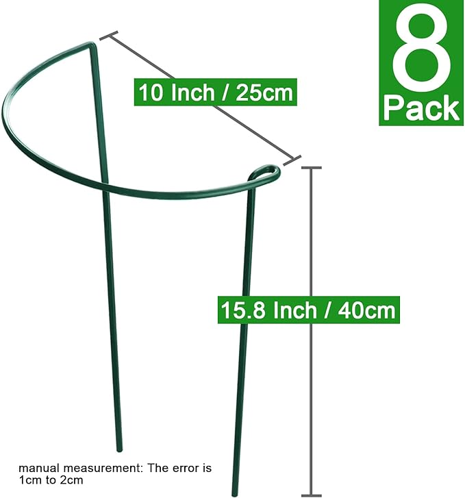 HiGift 8 Pack Plant Support Stakes, Half Round Metal Garden Plant Stake Indoor Peony Cages and Supports, Green Plant Support Ring Border for Tomato, Hydrangea, Flower Outdoor (10" Wide x 15.8" High)