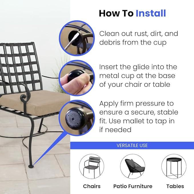 Heavy Duty 1-1/4" Deluxe Wrought Iron Patio Furniture Feet Glides, Round Plastic Chair Leg Caps, Floor Protector for Chairs, Pack of 16, Black