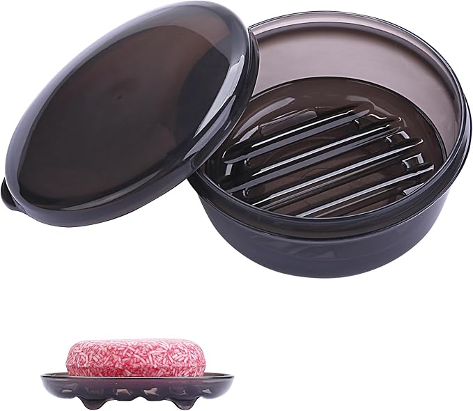 Travel Soap Case, Travel Soap Container with Drain Tray, Shampoo Bar Case with Lid for Shower, Traveling, Camping (Clear Black)