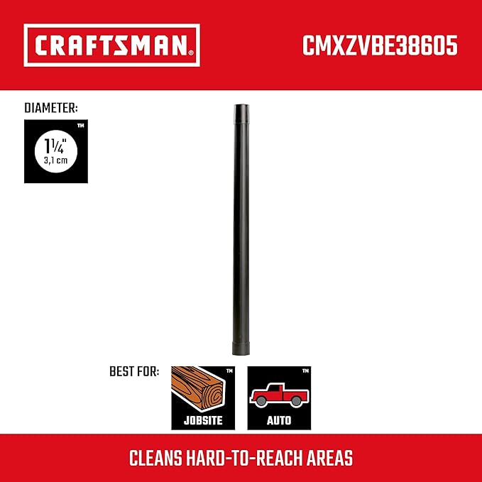 CRAFTSMAN CMXZVBE38605 1-1/4 in. Extension Wand Wet Dry Vac Attachment, Industrial-Grade Shop Vacuum Accessory for Extending Reach While Cleaning, Fits 1-1/4 in. Hose Diameter