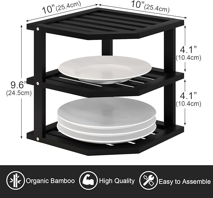 VERTORGAN 3 Tier Bamboo Corner Shelf (4 Pack), Dish Drying Rack, Plate Organizer, Kitchen Spice Rack for Countertop and Cabinet (Black)