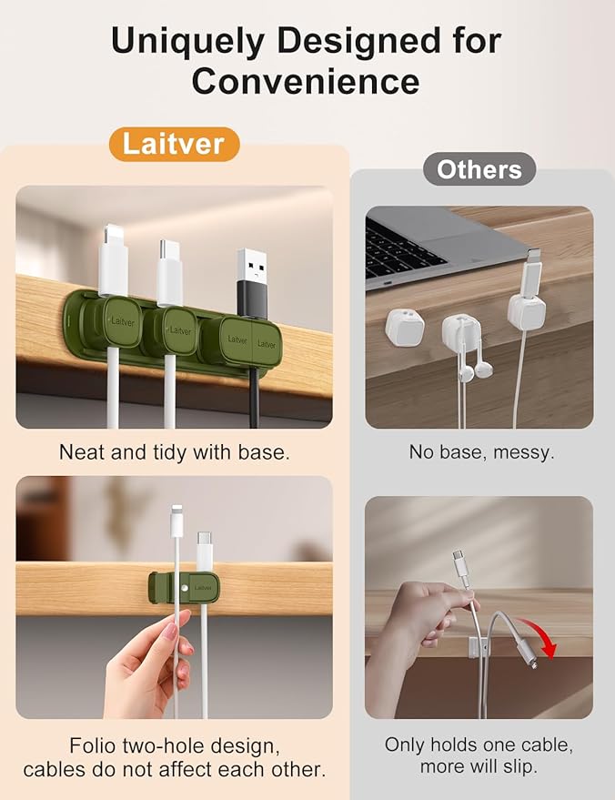 6 Pack Magnetic Cable Clips [1s Open/Lock], Laitver Cord Organizer Holder Strong Adhesive Desk Cable Management- Organize Charging Cords Neatly for Home, Office, Car,Desk, Nightstand-Deep Green