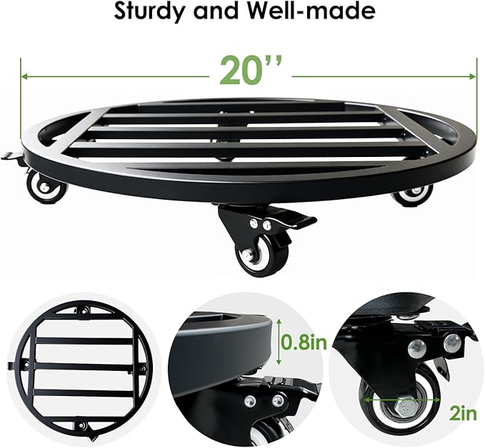 Hongsane 20" Round Plant Stand with Wheels Heavy Duty,Large Metal Plant Caddy Indoor Outdoor Use,Rolling Plant Dolly with Industrial Casters,Rust-Proof Black Plant Tray for Large Planters Pots,2-Pack