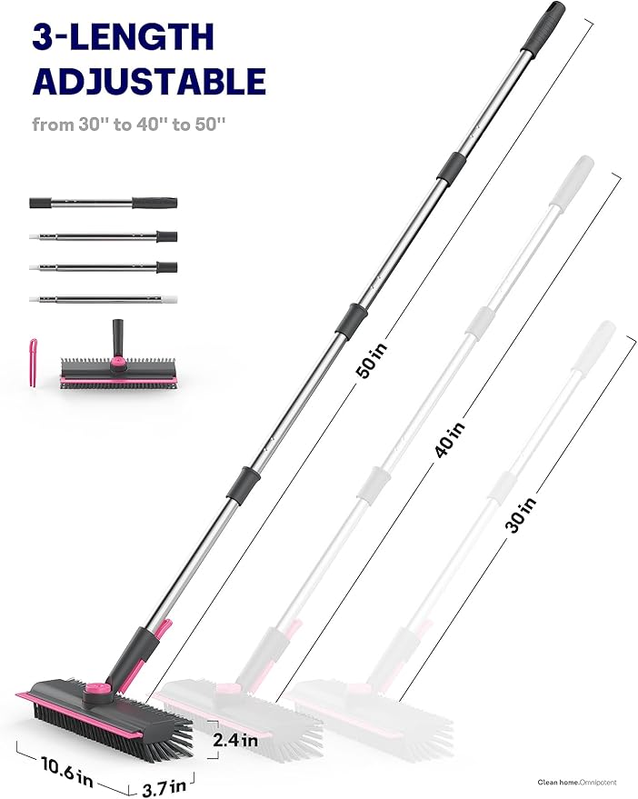 HelpX Floor Scrub Brush with Long Handle, 3 in 1 Multi-angle Swivel Right Angled Bristle Floor Scrubber Brush with Squeegee and Tweezer for Tile Wall Deck Bathroom Patio Garage Kitchen (Pink and Grey)