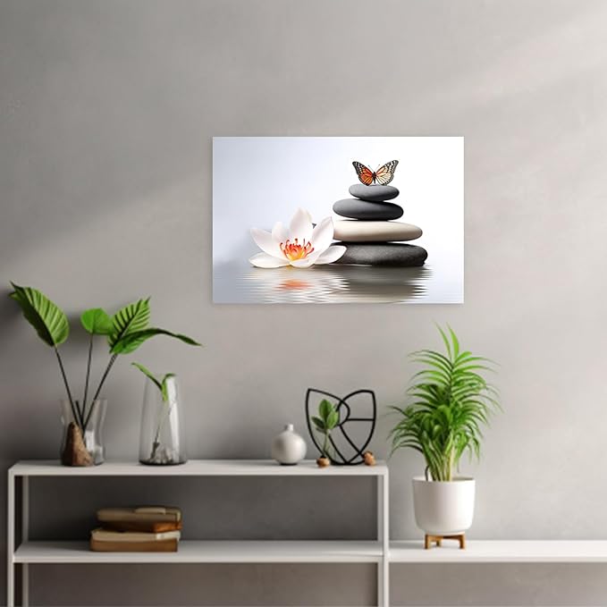 ARTZGX Zen Canvas Wall Art Spa Pictures Wall Decor Flower Zen Stones Butterfly Painting Print for Bathroom Yoga Decor Frame(Zen Flower - A 24.00" x 36.00")