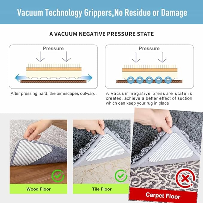 FuKuEn Rug-Gripper, Anti Slip Rug Grippers for Carpet, Upgraded Area Rug Pad Grippers Extra Sticky on Tile, Non-Slip Rug Pads Stopper for Hardwood Floor Washable Rug Tape Stickers 12x12cm 4 Pieces