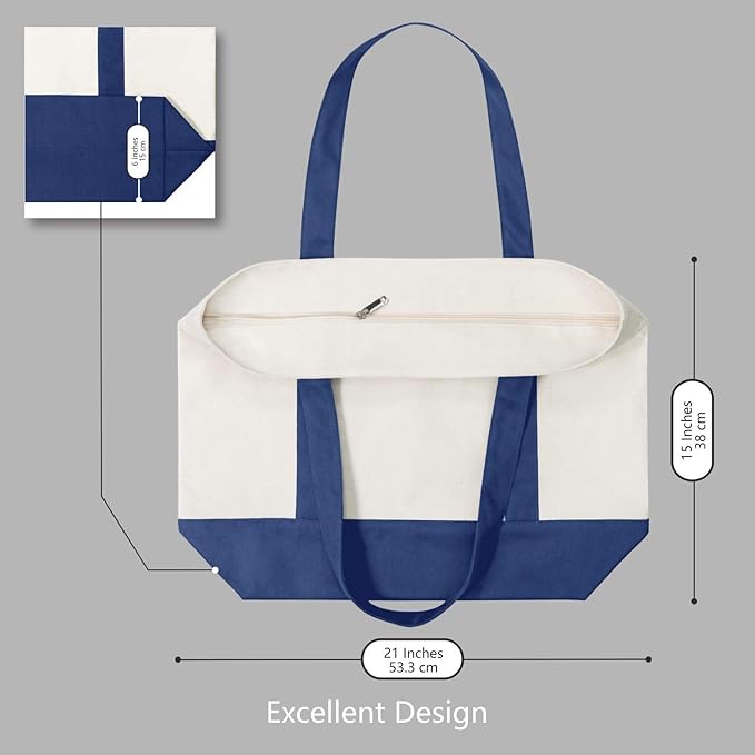 TOPDesign 3-Pack Canvas Tote Bags with an External Pocket, Reusable Grocery Shopping Bags, Top Zipper Closure, Daily Essentials (Blue/Natural)