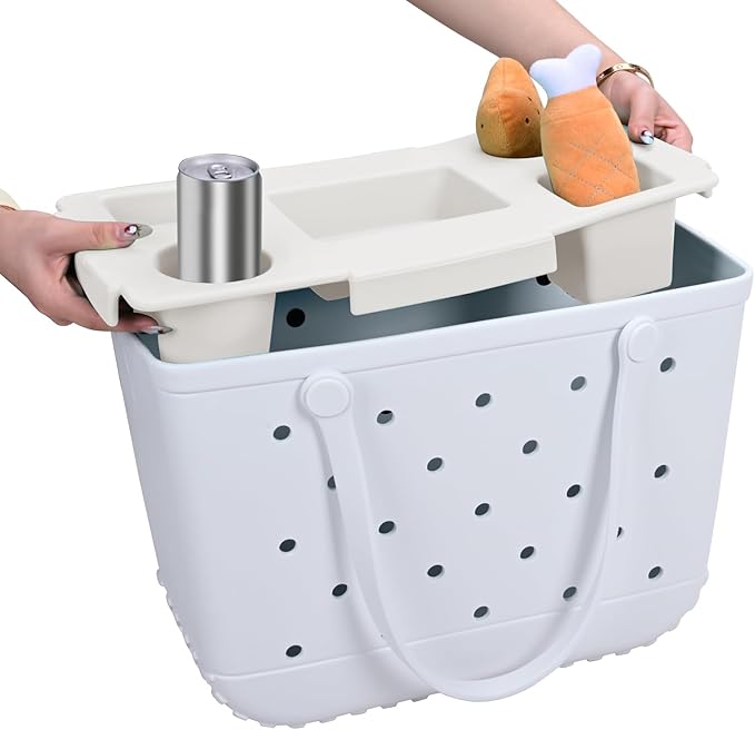 Tote Topper Tray Accessories for Bogg Bag Large Only – Waterproof EVA Table Top Organizer Lid with Cup Holder, Snack, Phone & Drink Holders for Beach, Pool, Picnic, Travel (White)