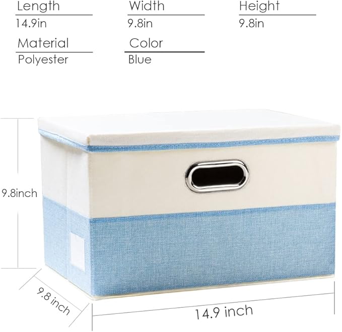 PRANDOM Collapsible Storage Bin with Lid [3-Pack] Fabric Foldable Storage Box Organizer Container Basket Cube with Cover for Home Bedroom Closet Office Nursery Blue&Cream (14.9x9.8x9.8)