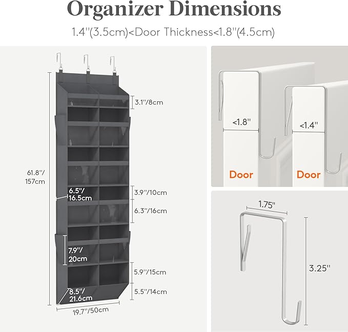 Lifewit 1 Pack Over the Door Organizer, 12 Section Clear Window Hanging Storage with 4 Side Pockets, Sturdy Anti Tilt 40 lbs Load Behind Door for Closet, Bedroom, Bathroom, Nursery, Dorm, Gray