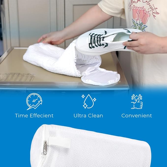 EPSCY Shoe Washing Machine Bags - Reusable Sneaker Laundry Shoe Bag with 360° Deep Clean Mesh - Self Locking Zipper, Noise Reduction Washing Bag Fits All Shoes Sizes and Types - White, Pack of 2