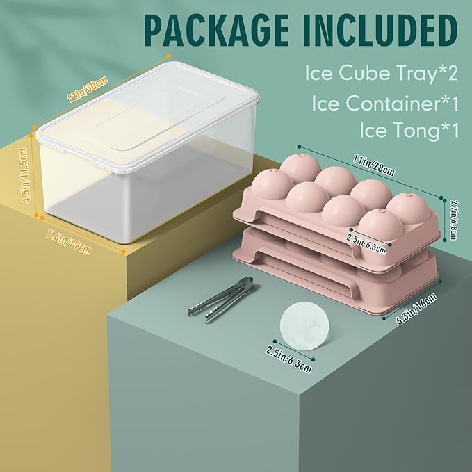 WIBIMEN Large Ice Cube Molds, Big Round Whiskey Ice Cube Trays for Freezer, Easy to Fill & Release, Whiskey Bourbon Cocktail (2.5In*8 Balls - Pink/2 Pack)
