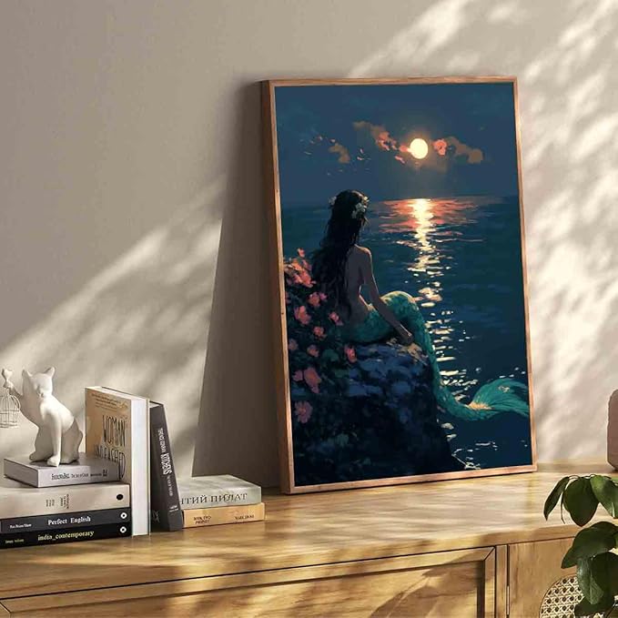 Mermaid Wall Art Vintage Women Pictures Vintage Ocean Poster Classical Female Poster Golden Sun Canvas Ocean Coastal Prints Vintage Woman Picture Victorian Female Painting Decor 16x24inch No Frame