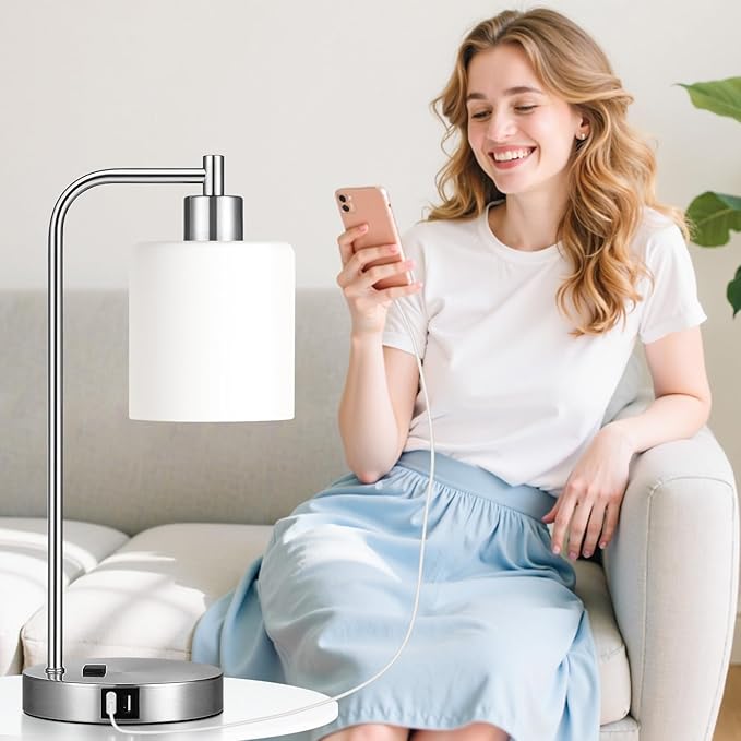 Set of 2 Industrial Touch Control Table Lamps with 2 USB Ports and AC Outlet - 3-Way Dimmable Nickel Bedside Lamp Nightstand Desk Lamps for Bedroom Living Room, Opal Glass Shade & 2 LED Bulbs Included