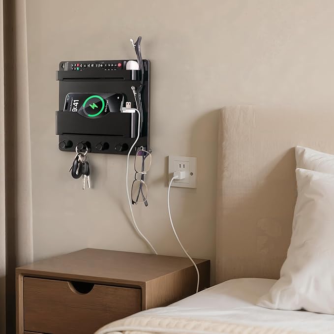 JUMEIHUI Bedside Wall Shelf with Glasses Hooks ，Adhesive Bedside Organizer Wall Mount for Dorm and Room Accessories Phone，Remote，Earphone， Kindle (Black)