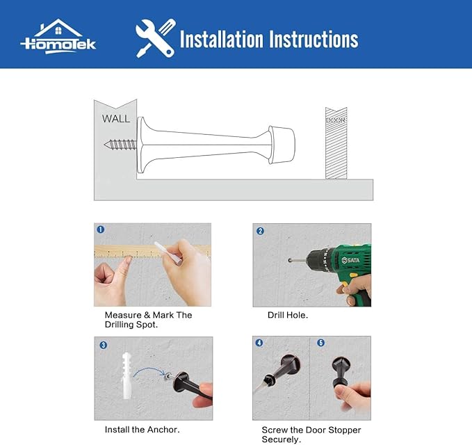 HOMOTEK 6 Pack Heavy Duty Solid Rigid Door Stop with Soft Rubber Tip, Zinc Die Cast Door Stopper Protect Wall & Door, Black