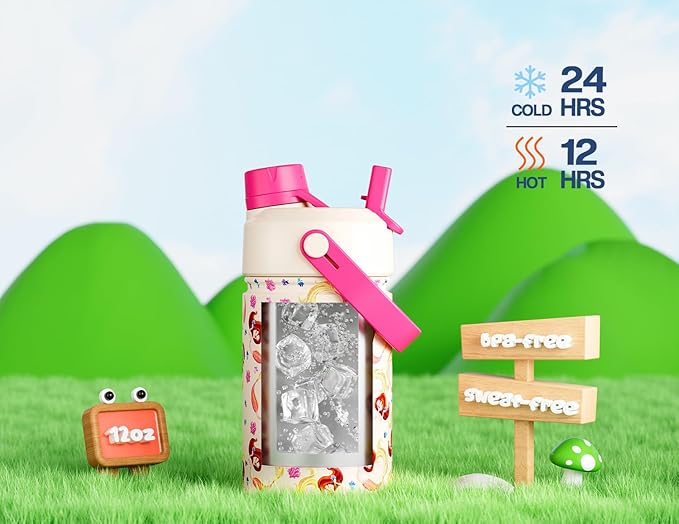 POWCAN 2 Pack 12 oz Kids Insulated Water Bottle for School: Leakproof, 2-in-1 Straw Spout Lid, BPA-Free, Keep Cold 24 Hrs, Stainless Steel Cup for Sports, Travel, Gift for Girls Boys Daughters Sons