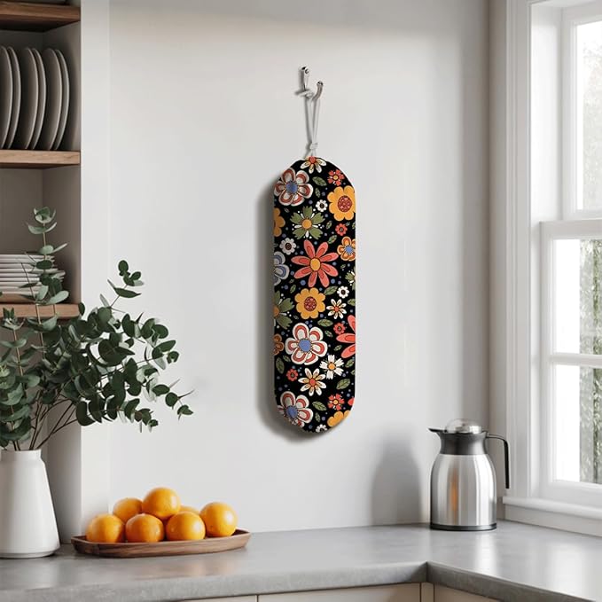 Flower Plastic Bag Holder, Wall Mount Grocery Bags Organizer, Washable Car Trash Bags, Kitchen Housewarming Gifts for Women Family Friends Grandma Mom, Kitchen Pattern Garbage Bag 59